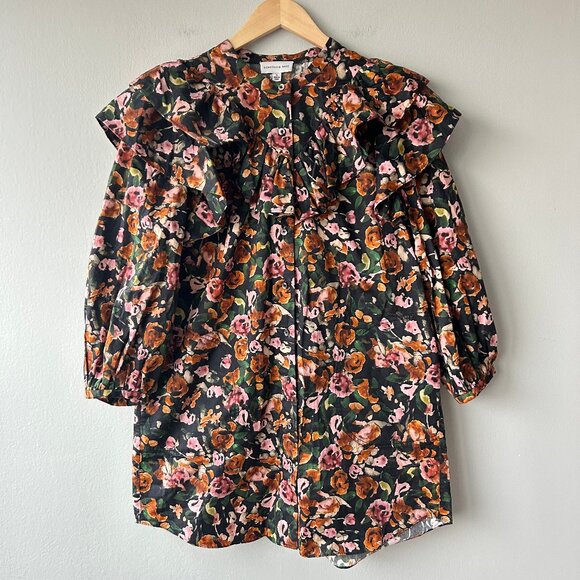 Something Navy Floral Ruffle Yoke Button Front Mini Dress Size S Womens - Picture 2 of 6